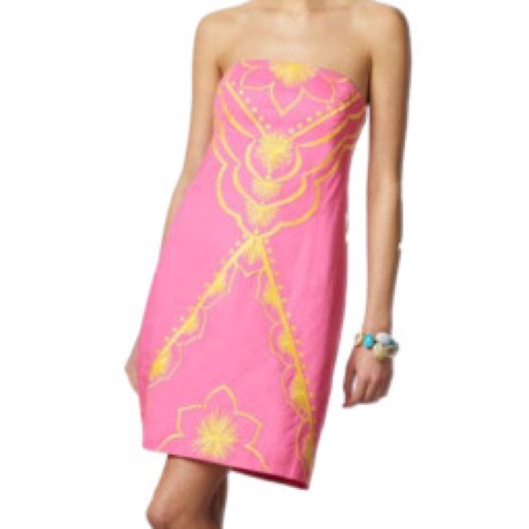 Lilly Pulitzer Bowen Hotty Pink Yellow Embroidered Strapless Dress Bee Size 00 - Picture 10 of 10